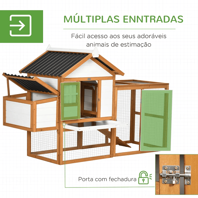 Galinheiro de Madeira para Exterior para 2-4 Galinhas com 2 Poleiros Ninho Bandeja Amovível e Rampa 181x79,5x117,5cm Madeira