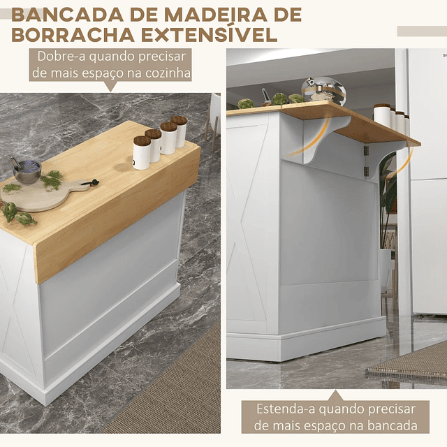 Ilha de Cozinha com Bancada de Madeira Dobrável 2 Portas 2 Gavetas Prateleira Ajustável e 4 Rodas 10x60x90,5 cm Branco e Madeira