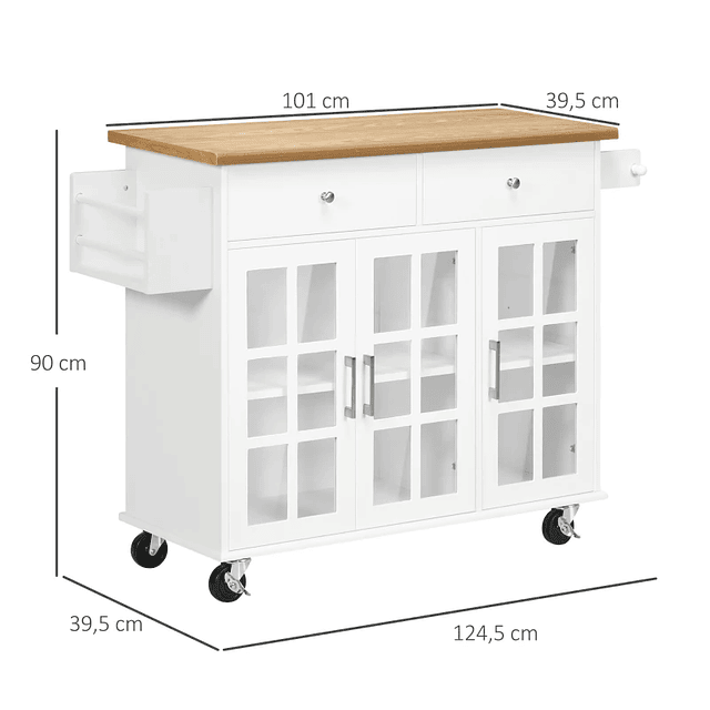 Carrinho de Cozinha com Rodas 2 Gavetas 3 Portas de Vidro Suporte para Panos e Temperos 124,5x39,5x90 cm Branco e Madeira