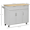 Carrinho de Cozinha com Rodas 2 Gavetas 3 Portas Prateleiras Ajustáveis e Barra para Sala de Jantar 121x46x91cm Cinza e Madeira