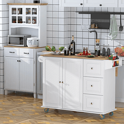 Carrinho de Cozinha com Rodas Carrinho de Cozinha com Bancada Rebatível 3 Gavetas 1 Armário com Prateleira Interior Ajustável e Suporte para Temperos 128,8x75,5x92,5cm Branco e Natural