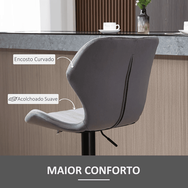 Conjunto de 2 Bancos Bar Giratórios e Ajustáveis ​​em Altura Banco Alto Veludo com Encosto 47x51.5x94-114cm Cinza