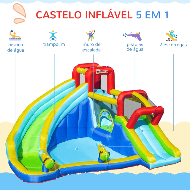 Castelo Insuflável com 2 Escorregas Trampolim e Piscina para Crianças acima de 3 Anos Inclui Inflador e Bolsa de Transporte para Interior Exterior 385x365x200cm Multicor