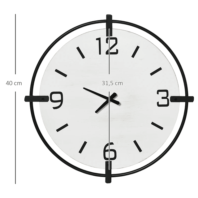 Relógio de Parede Silencioso de Ø42,5 Relógio de Parede de Metal e Madeira Estilo Moderno Decoração Branco