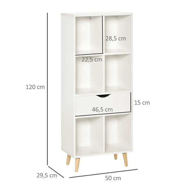 Estante para Livros com 6 Compartimentos Abertos 1 Gaveta e Pés de Madeira para Armazenamento de Brinquedos CDs Plantas 50x29,5x120cm Branco