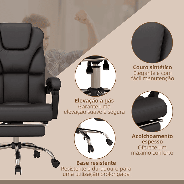 Cadeira de Escritório com 6 Pontos de Massagem Reclinável de PU com Controlo Remoto e Altura Ajustável 63x57x118-126 cm