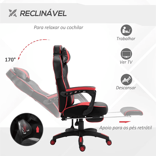 Cadeira de escritorio gaming ergonômica Altura Ajustável reclinável com apoio para pés Vermelho e Preto