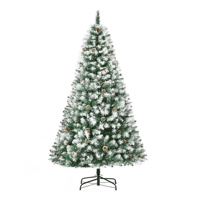 Árvore de Natal Artificial 180cm com 800 Ramos e 61 Pinhas Folhas de PVC com Efeito Neve Base Dobrável Verde