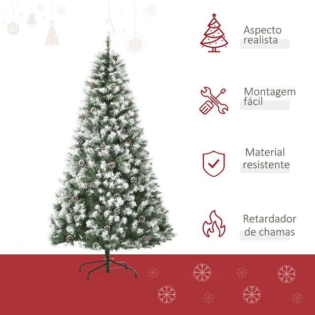 Árvore de Natal Artificial 180cm com 800 Ramos e 61 Pinhas Folhas de PVC com Efeito Neve Base Dobrável Verde