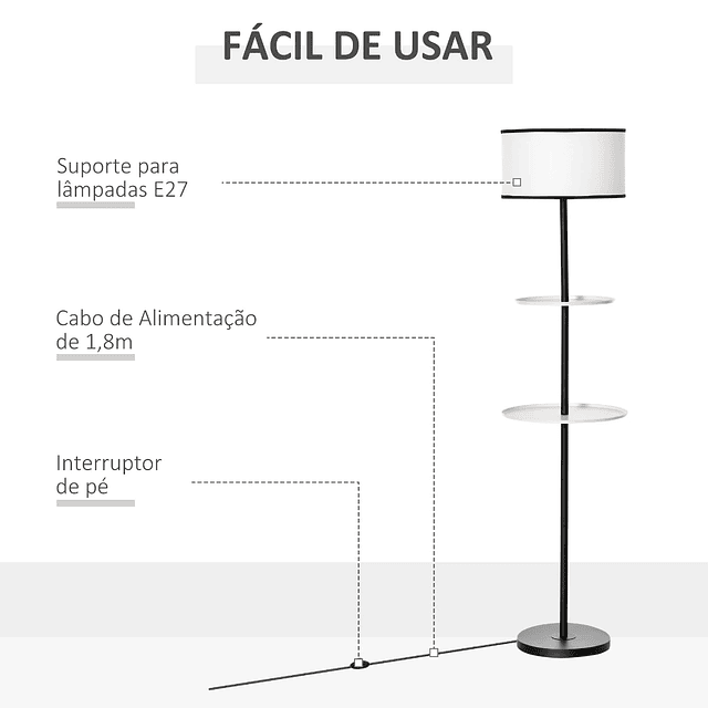 Candeeiro de Pé Moderno com 2 Mesinhas Auxiliares Suporte para Lâmpada E27 Máx. 40W e Interruptor de Pé para Sala de Estar Dormitório Estúdio Ø40x170cm Preto e Branco