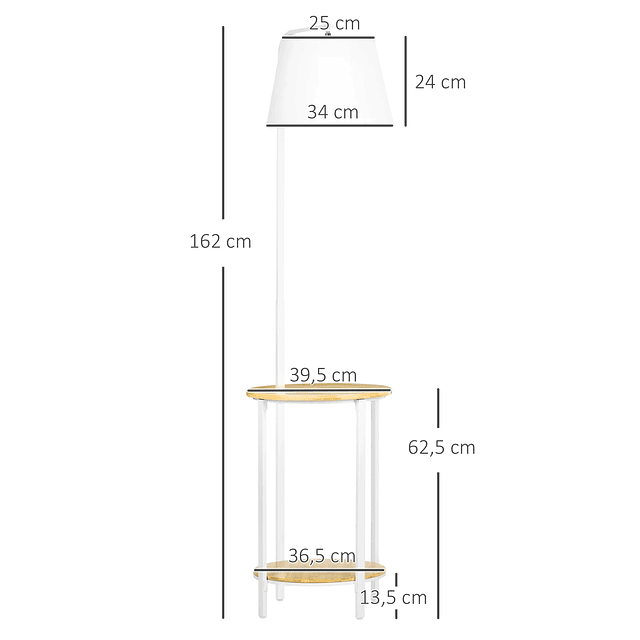 Candeeiro de Pé Moderno com Prateleira Suporte para Lâmpada E27 Máx. 40W com Ecrã de Linho Ø37x162cm Branco e Madeira