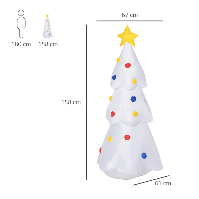 Árvore de Natal Inflável 158cm de Altura com Luzes LED e Inflador Decoração de Natal para Interiores Exteriores 67x61x158cm Branco