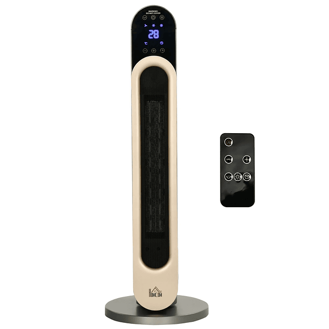 Aquecedor Cerâmico de Torre 1100/2200W com Controlo Remoto Ecrã LED Temporizador de 12h Termostato 3 Modos Ø25x73,5 cm Prata
