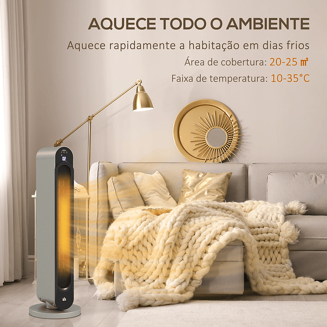 Aquecedor Cerâmico de Torre 1100/2200W com Controlo Remoto Ecrã LED Temporizador de 12h Termostato 3 Modos Ø25x73,5 cm Prata e Preto