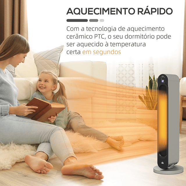 Aquecedor Cerâmico de Torre 1100/2200W com Controlo Remoto Ecrã LED Temporizador de 12h Termostato 3 Modos Ø25x73,5 cm Prata e Preto