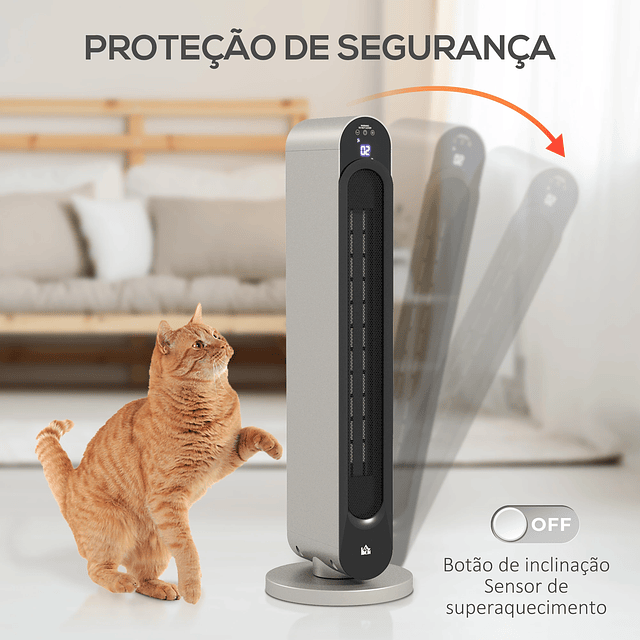 Aquecedor Cerâmico de Torre 1100/2200W com Controlo Remoto Ecrã LED Temporizador de 12h Termostato 3 Modos Ø25x73,5 cm Prata e Preto
