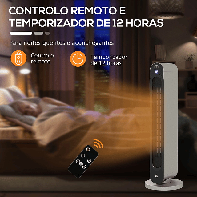 Aquecedor Cerâmico de Torre 1100/2200W com Controlo Remoto Ecrã LED Temporizador de 12h Termostato 3 Modos Ø25x73,5 cm Prata e Preto