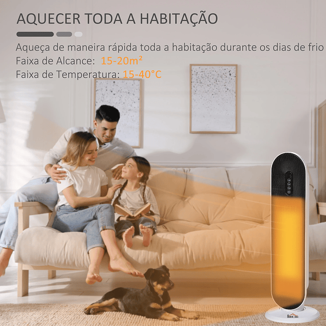 Aquecedor Cerâmico de Torre 1200W/2000W com Controle Remoto Termostato Temporizador de 24h e Sistema Anti-Rolamento para Sala de 20m² 21x21x63,5cm Branco e Preto