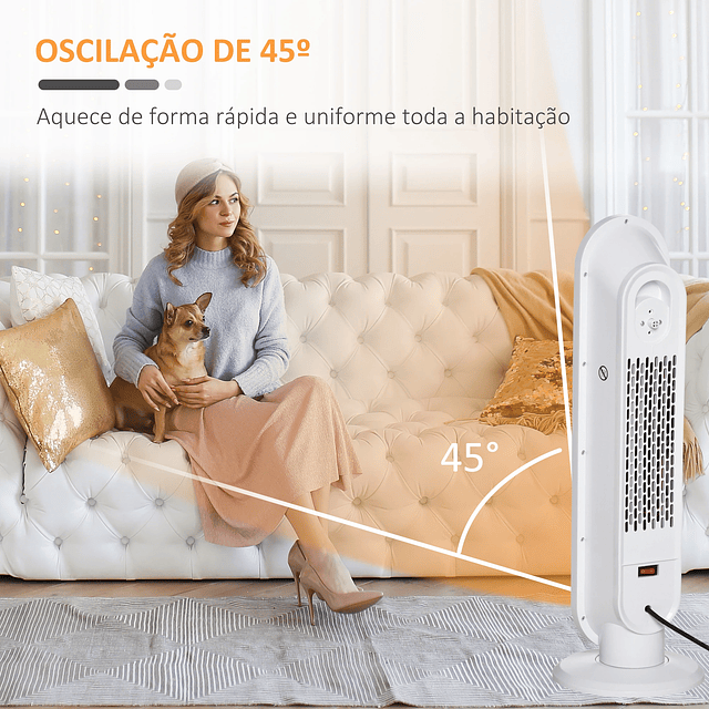 Aquecedor Cerâmico de Torre 1200W/2000W com Controle Remoto Termostato Temporizador de 24h e Sistema Anti-Rolamento para Sala de 20m² 21x21x63,5cm Branco e Preto