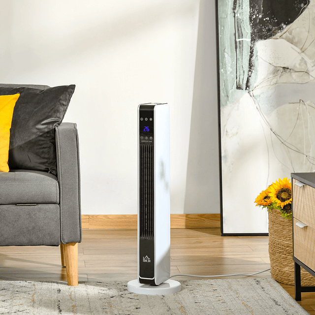 Aquecedor Cerâmico de Torre 1000/2000W com Controle Remoto Tela LED 3 Modos de Aquecimento Termostato Temporizador e Oscilação 65° para 25m² 21x21x73cm Branco