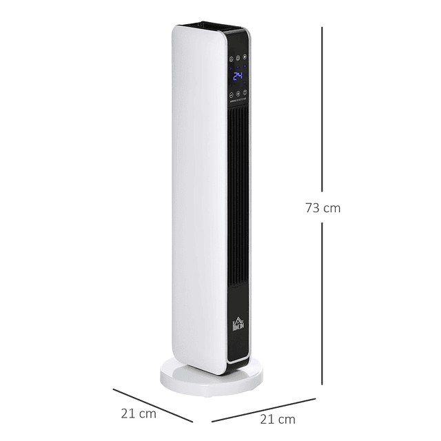 Aquecedor Cerâmico de Torre 1000/2000W com Controle Remoto Tela LED 3 Modos de Aquecimento Termostato Temporizador e Oscilação 65° para 25m² 21x21x73cm Branco