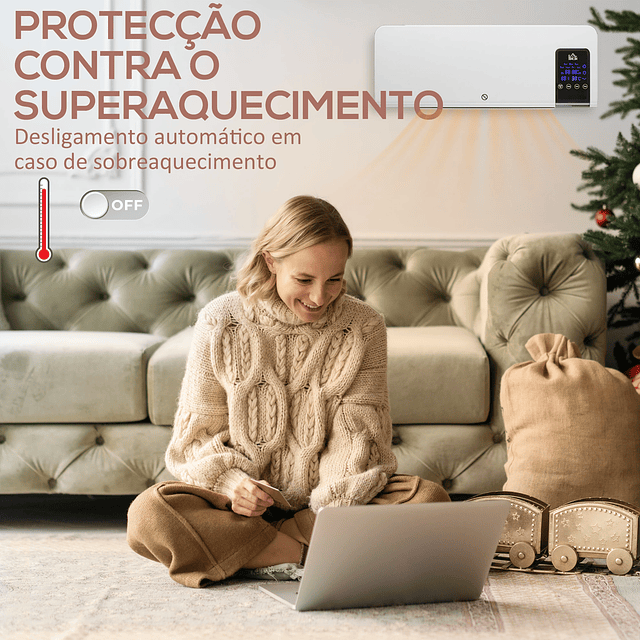 Aquecedor Elétrico de Parede 1000W/2000W Aquecedor com Ecrã LED Controlo Remoto Termostato Temporizador 54,5x12x21,5cm Branco