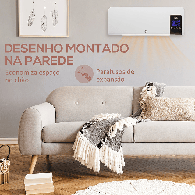 Aquecedor Elétrico de Parede 1000W/2000W Aquecedor com Ecrã LED Controlo Remoto Termostato Temporizador 54,5x12x21,5cm Branco