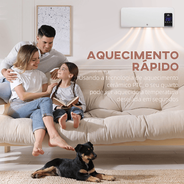 Aquecedor Elétrico de Parede 1000W/2000W Aquecedor com Ecrã LED Controlo Remoto Termostato Temporizador 54,5x12x21,5cm Branco