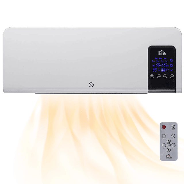 Aquecedor Elétrico de Parede 1000W/2000W Aquecedor com Ecrã LED Controlo Remoto Termostato Temporizador 54,5x12x21,5cm Branco