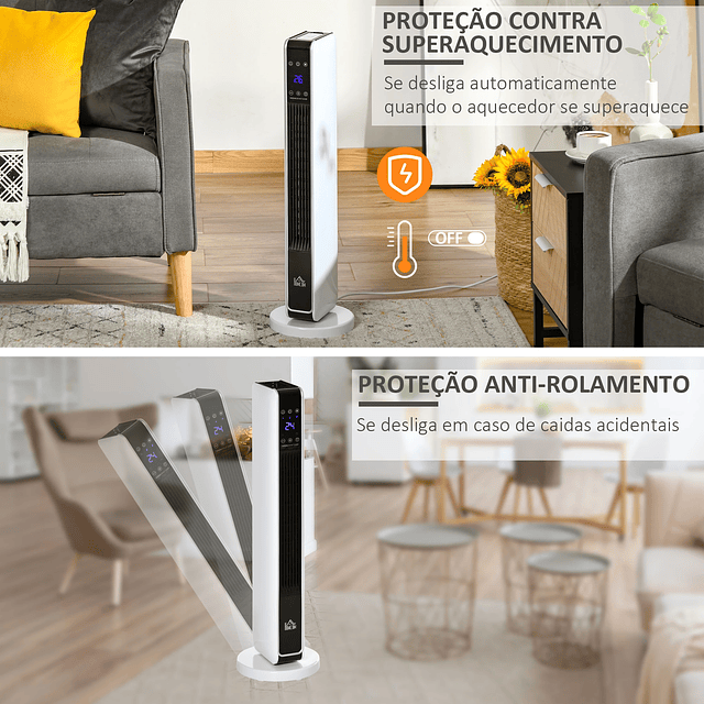Aquecedor Cerâmico de Torre 1000/2000W com Controle Remoto Tela LED 3 Modos de Aquecimento Termostato Temporizador e Oscilação 65° para 25m² 21x21x73cm Branco