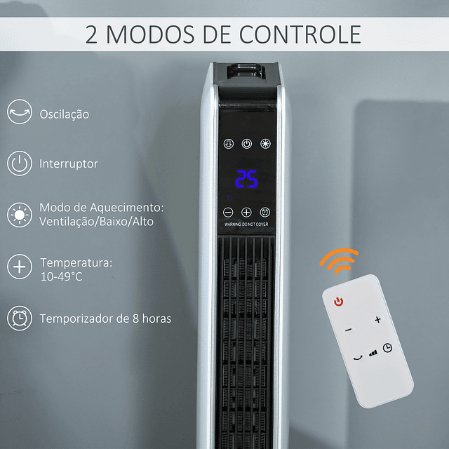 Aquecedor Cerâmico de Torre 1000/2000W com Controle Remoto Tela LED 3 Modos de Aquecimento Termostato Temporizador e Oscilação 65° para 25m² 21x21x73cm Branco
