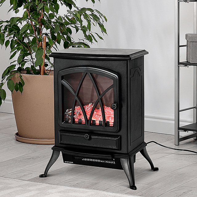 Lareira Elétrica Portátil Lareira Elétrica com Efeito de Chama Realista Potência 1000W/2000W 45x28,5x54cm Preto