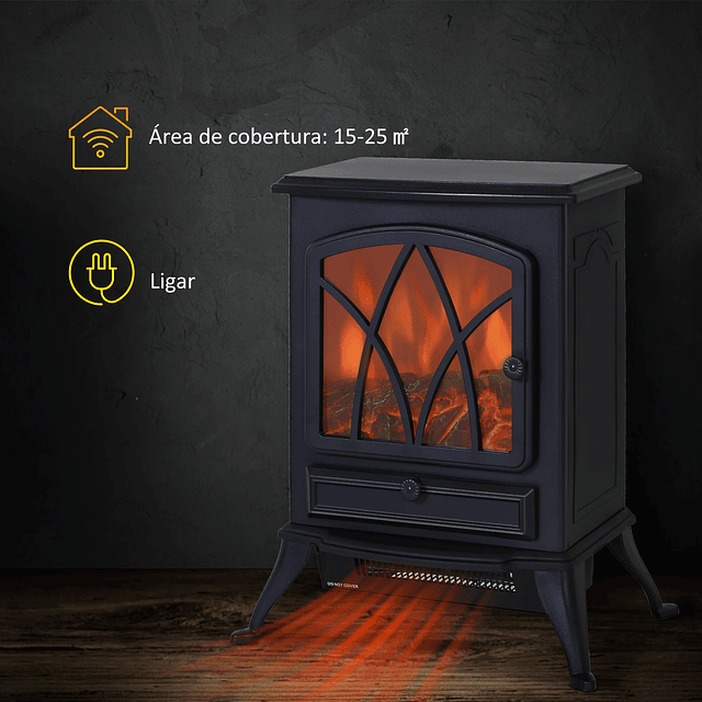 Lareira Elétrica Portátil Lareira Elétrica com Efeito de Chama Realista Potência 1000W/2000W 45x28,5x54cm Preto