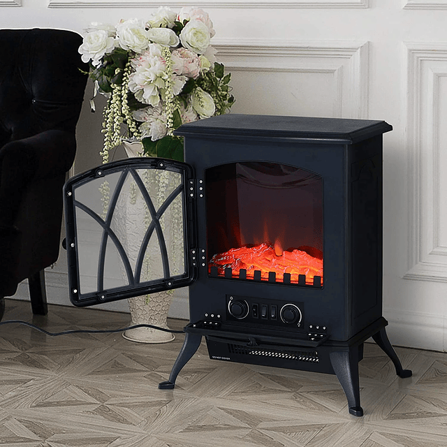 Lareira Elétrica Portátil Lareira Elétrica com Efeito de Chama Realista Potência 1000W/2000W 45x28,5x54cm Preto