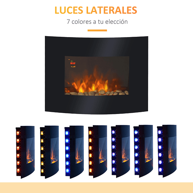 Lareira Elétrica de Parede com Efeito de Chamas Realistas e Luzes LED em 7 Cores Potência 900W/1800W 65x11,4x52cm Preto