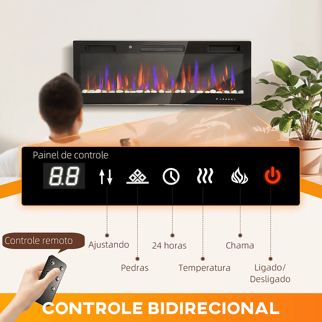 Lareira Elétrica Ultrafina de Parede e Embutir com Chama 3D Brilho/Velocidade Ajustável 12 Cores Pedras 900/1800W 127x9,4x47 cm Preto