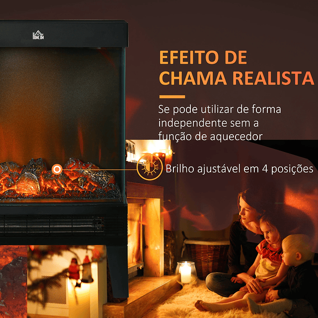 Lareira Elétrica 1000W/2000W com Chama LED Realista Termostato e Proteção Contra Superaquecimento 40,5x20x62cm Preto