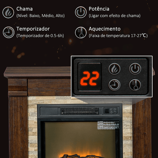 Lareira Elétrica 1800W com Efeito de Chama Realista e Proteção Contra Superaquecimento 80x21,6x67,8 cm Marrom