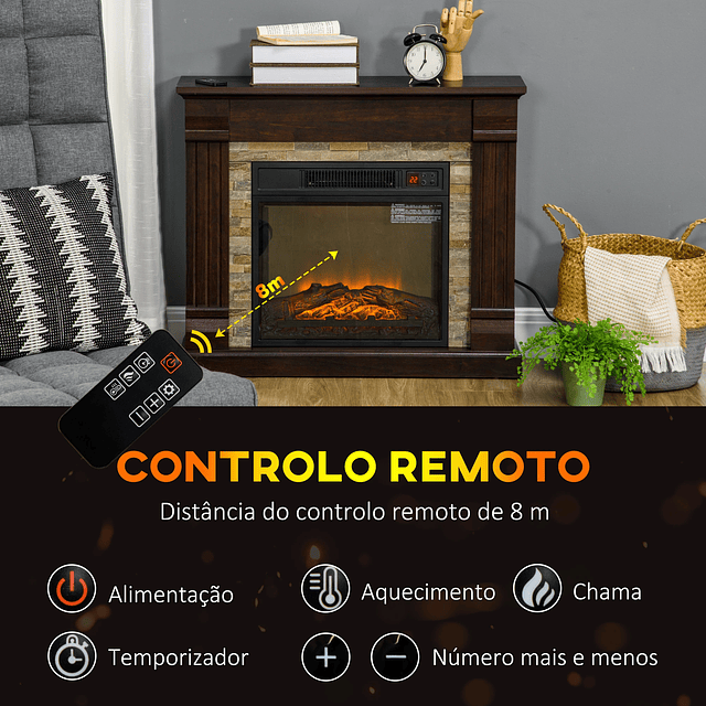 Lareira Elétrica 1800W com Efeito de Chama Realista e Proteção Contra Superaquecimento 80x21,6x67,8 cm Marrom
