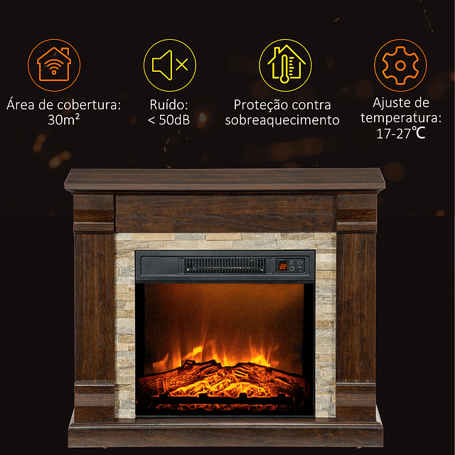 Lareira Elétrica 1800W com Efeito de Chama Realista e Proteção Contra Superaquecimento 80x21,6x67,8 cm Marrom