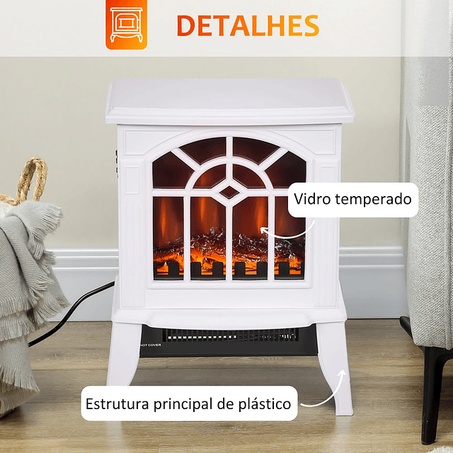 Lareira Elétrica Portátil 1000/2000W com Simulação de Chama Termostato e Proteção de Superaquecimento 36,5x24x46 cm Branco