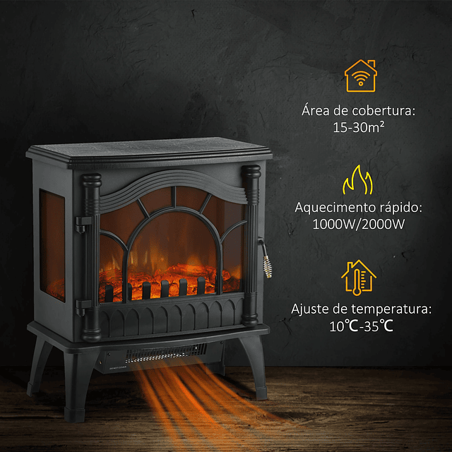 Lareira Elétrica 1000W/2000W com Temperatura Ajustável e Brilho Ajustável para Ambientes 15-30 m² 55x31x58 cm Preto