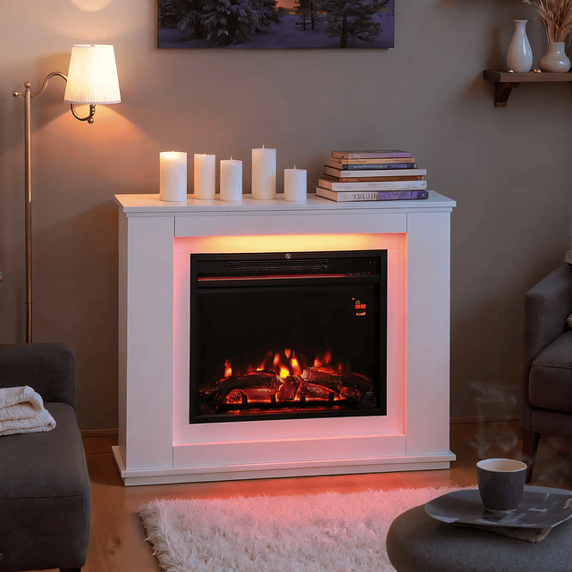 Lareira Elétrica com Efeito de Chama de 5 Níveis de Brilho e 12 Cores Decorativa 1000/2000W Temporizador para 30 m² 98x25x80 cm Branco