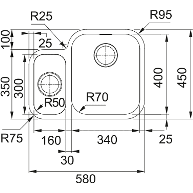 Lava louça Smart SRX 160-34-16 com meia cuba à esquerda, Instalação inferior