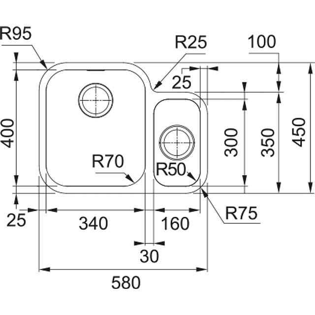 Lava Louça Smart SRX 160-34-16 com meia cuba à direita, Instalação inferior