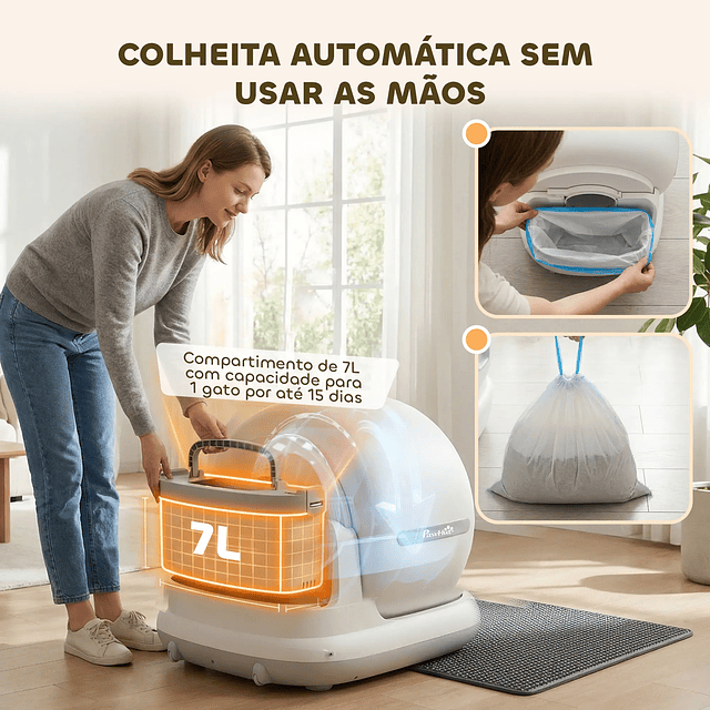 Caixa de Areia Autolimpante Capacidade 7L com Controlo por APP Purificação de Odores Ruído e Sensores de Segurança 58,1x47,5x53 cm Branco e Cinzento