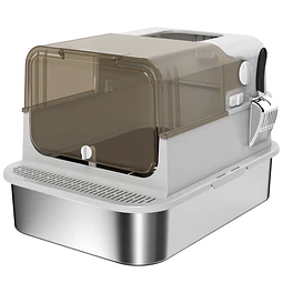 Caixa de Areia para Gatos em Aço Inoxidável para Gatos Grandes com Tampa Basculante Laterais Altas 70x50x46,5 cm Cinzento