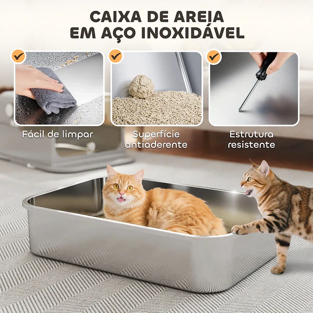 Caixa de Areia para Gatos em Aço Inoxidável para Gatos Grandes com Tampa Basculante Laterais Altas 70x50x46,5 cm Cinzento