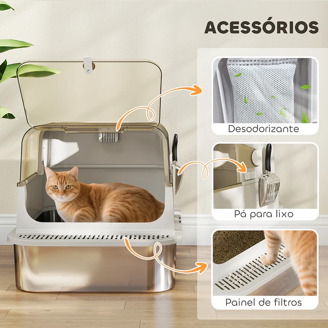 Caixa de Areia para Gatos em Aço Inoxidável para Gatos Grandes com Tampa Basculante Laterais Altas 70x50x46,5 cm Cinzento
