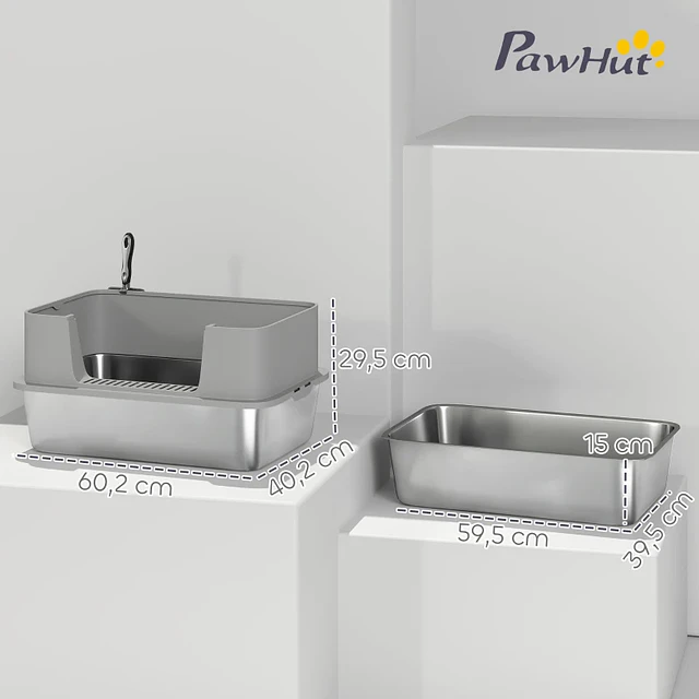 Caixa de Areia para Gatos em Aço Inoxidável XL Caixa de Areia para Gatos com Borda Alta e Pá 60x40x29,5 cm Cinzento